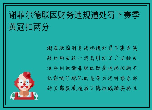 谢菲尔德联因财务违规遭处罚下赛季英冠扣两分