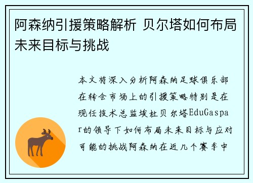 阿森纳引援策略解析 贝尔塔如何布局未来目标与挑战
